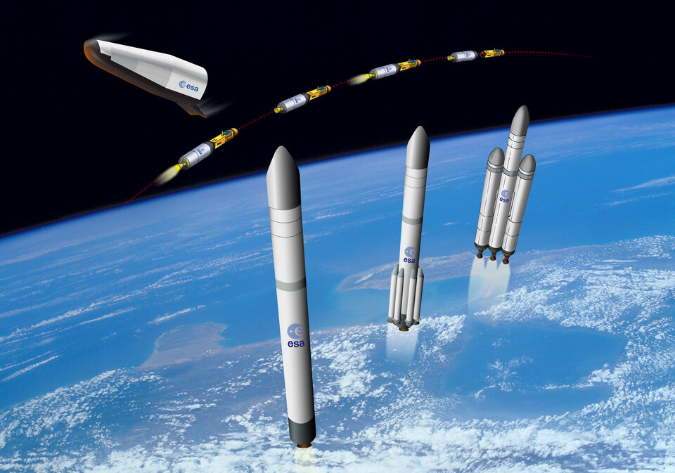 Das IXV nebst verschiedenen Abbildungen von Konzeptstudien für künftige Launcher-Modelle