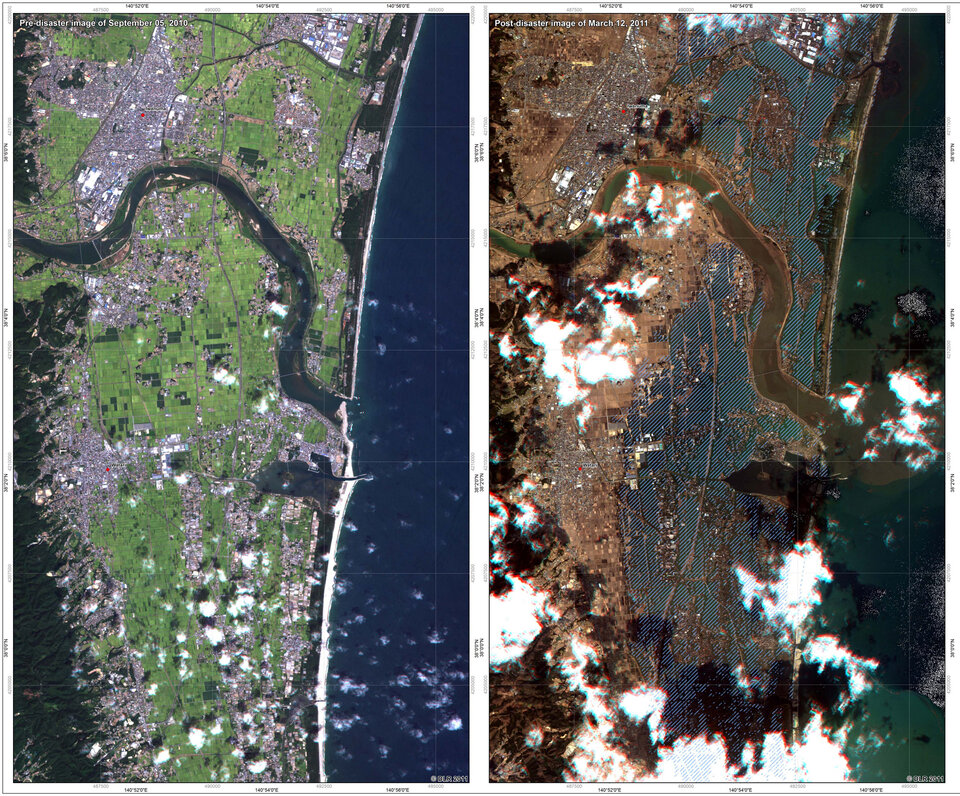 Japan before and after the tsunami that hit on 12 March 2011.