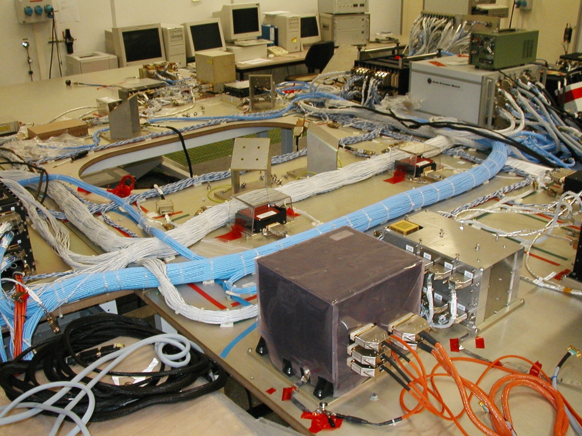 Mars Express Avionics Test Bench highlighting the inter-unit electrical harnesses.