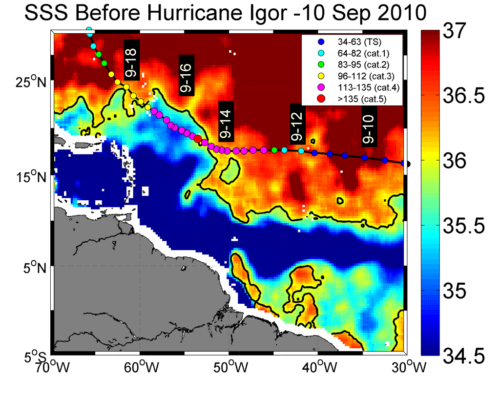 Cambios en la salinidad al paso del huracán Igor