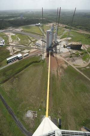 Ariane 5 flight VA205 and ATV Edoardo Amaldi seen from the 90-m high water tower