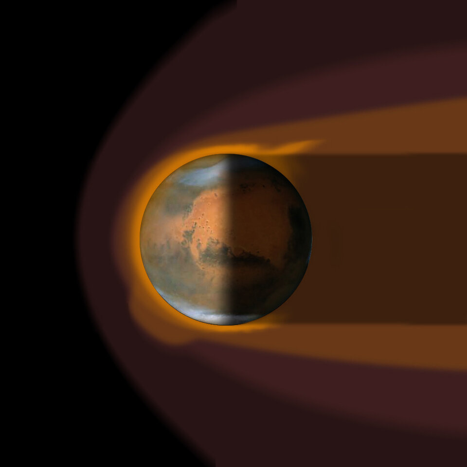 Schematické znázornění magnetosféry Marsu.