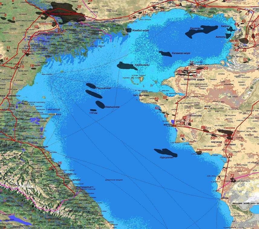 Ölverschmutzung im Norden des Kaspischen Meeres (basierend auf Daten aus dem Uragan-Programm): 40 Ölfelder – etwa 10 Prozent der Oberfläche - sind von Ölfilmen bedeckt.