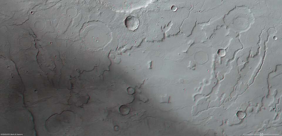 3D pohled na rozhraní oblastí Acidalia Planitia a Tempe Terra.