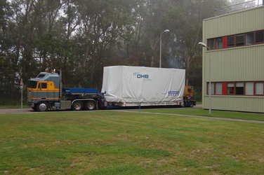 Small GEO arrives by truck at ESTEC