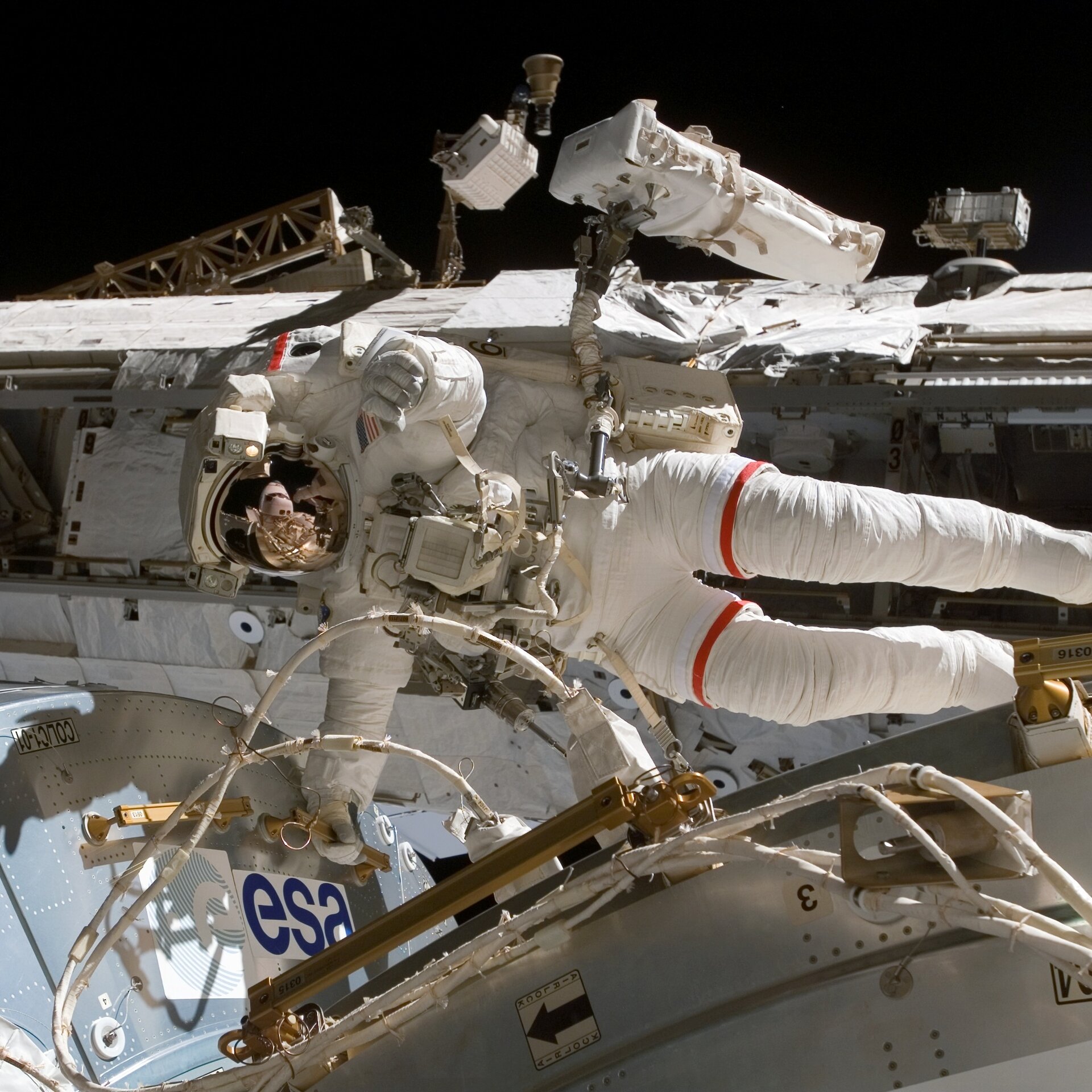 NASA Astronaut Rex Walheim hanging on to Columbus