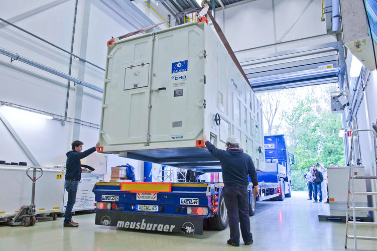 First Galileo FOC satellite arrives at ESTEC for space testing.
