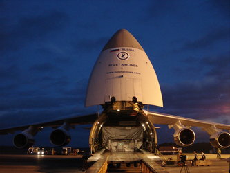 Alphasat in cargo container at Cayenne airport, ready for unloading