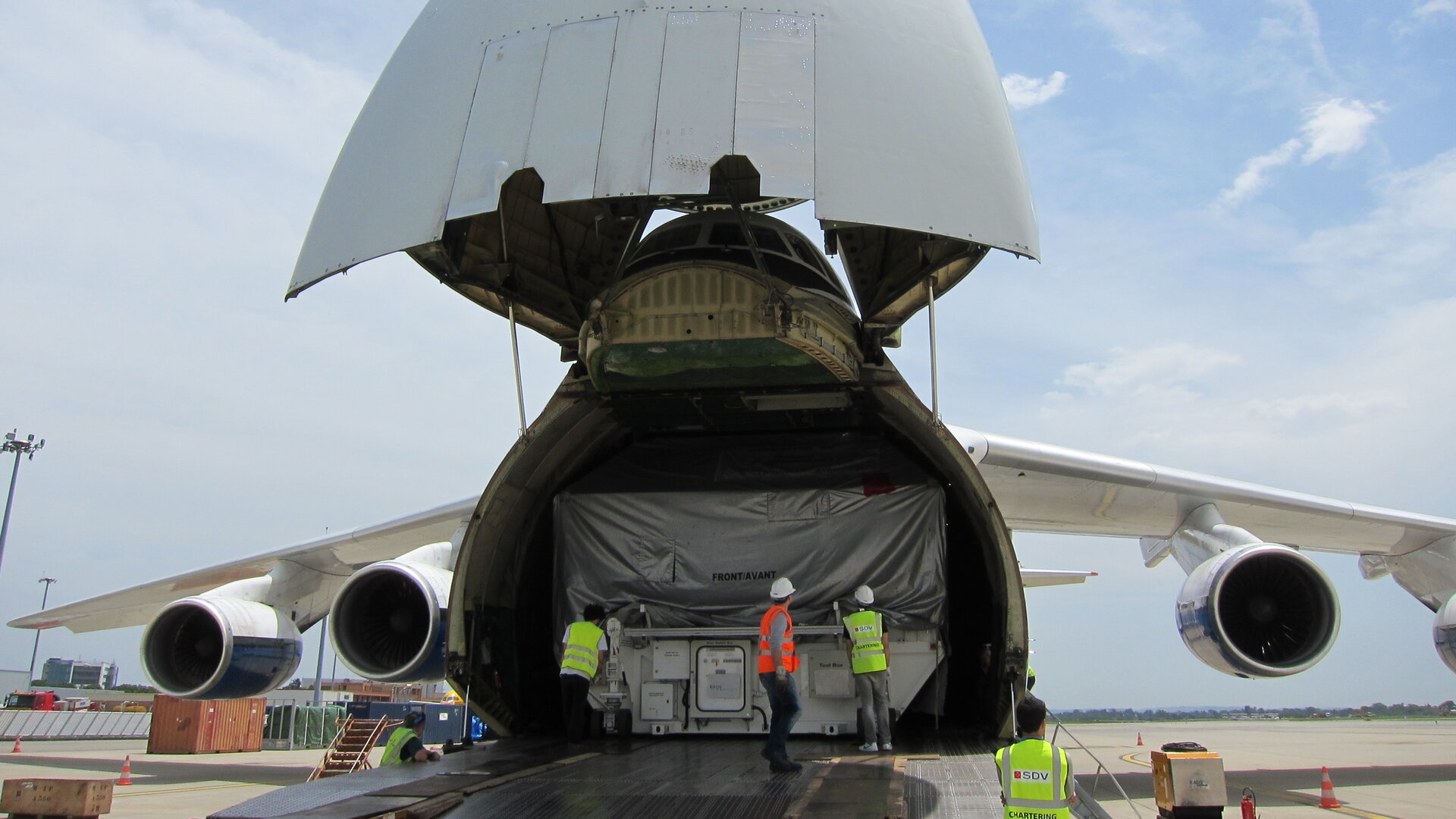 Alphasat in cargo container prepared for shipment at Toulouse airport