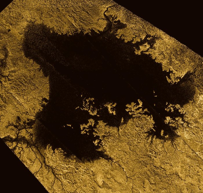Ligeia Mare, shown here in a false-colour image from the international Cassini mission, is the second largest known body of liquid on Saturn's moon Titan. It measures roughly 420 km x 350 km and its shorelines extend for over 3,000 km. It is filled with liquid methane.
