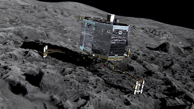 Artist’s impression of Rosetta’s lander Philae (front view) on the surface of comet 67P/Churyumov-Gerasimenko. Philae will be deployed to the comet in November 2014 where it will make in situ observations of the comet surface, including drilling 23cm into the subsurface to extract material for analysis in its on board laboratory.