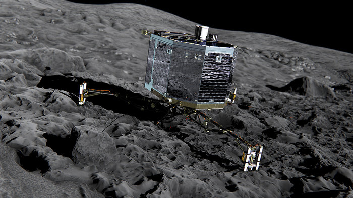 This handout from the European Space Agency shows an artist's impression of Rosetta's lander Philae on the surface of comet 67P/Churyumov-Gerasimenko   Read more at: http://phys.org/news/2016-01-last-chance-contact-space-robot-philae.html#jCp