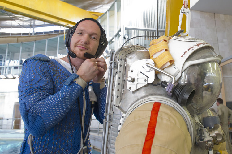 Alexander ready for training with Orlan spacesuit