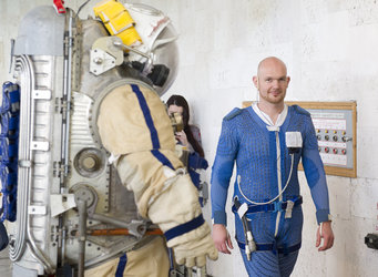 Alexander ready for training with Orlan spacesuit