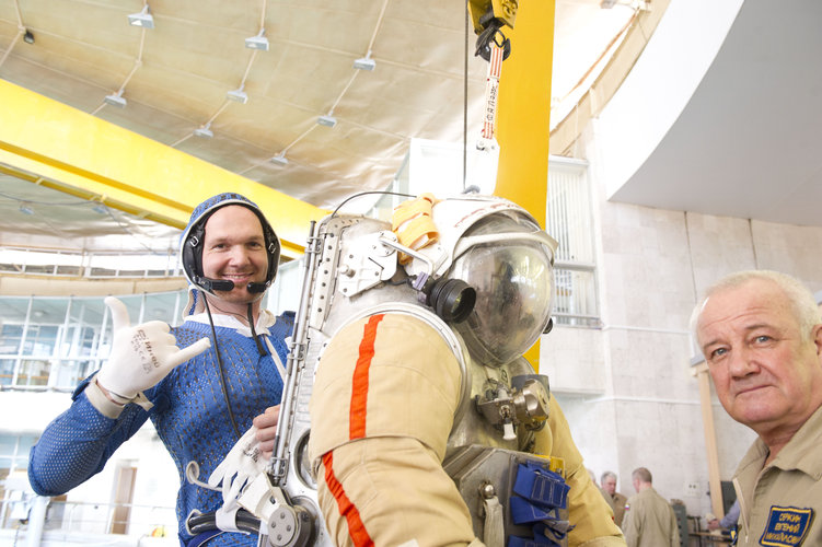 Alexander ready for training with Orlan spacesuit