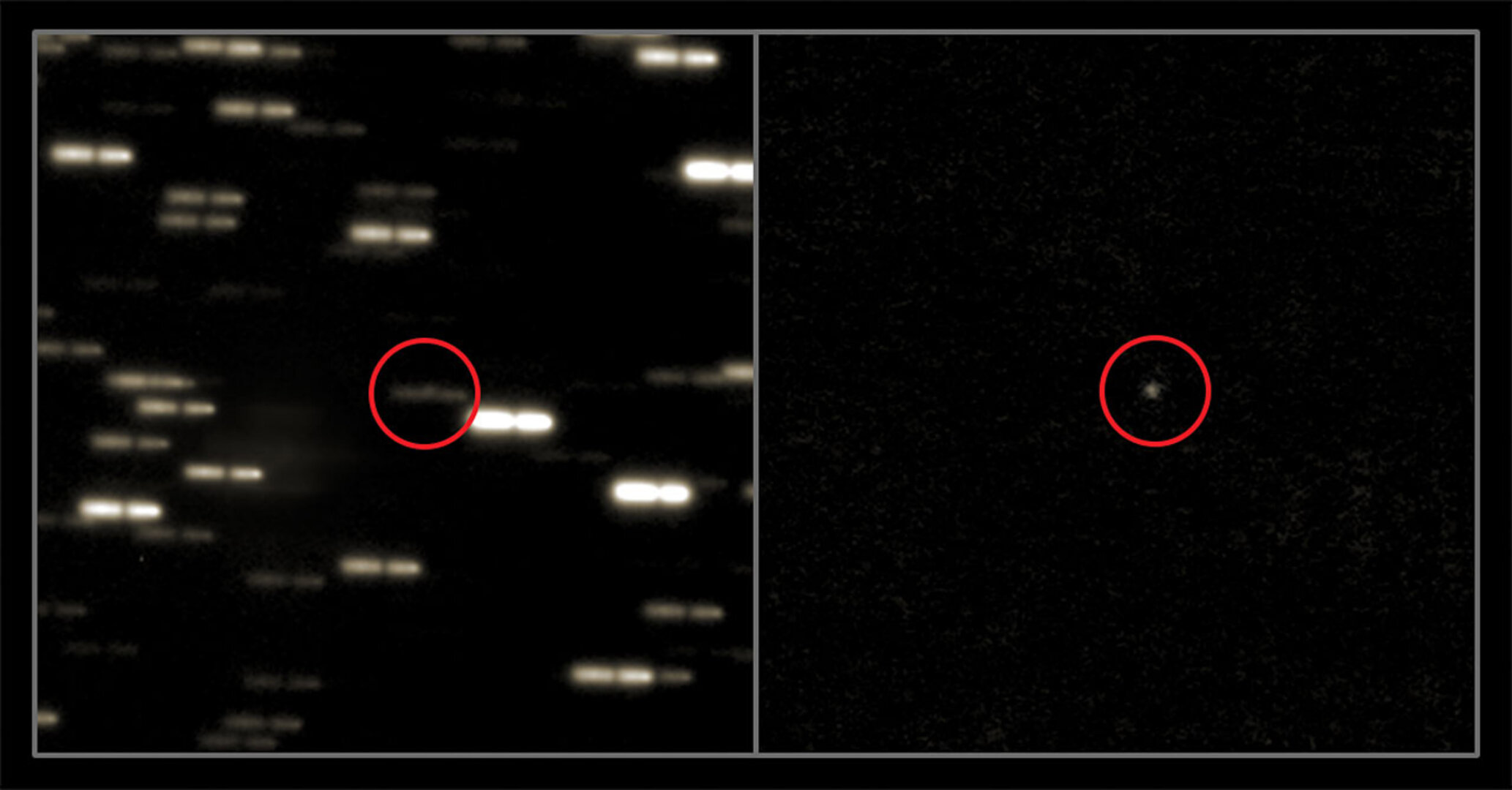 Komet 67P/Churyumov-Gerasimenko aufgenommen am 28. Februar 2014 mit Hilfe des Very Large Telescope.  Links: Um den Kometen sichtbar zu machen, überlagerten die Wissenschaftler mehrere Aufnahmen. Die Bilder wurden zudem um die Bewegung des Kometen verschoben. Die Sterne im Hintergrund erscheinen dadurch als breit verschmierte Striche.  Rechts: Durch Subtrahieren des Sternenhintergrundes wird der Komet sichtbar. 