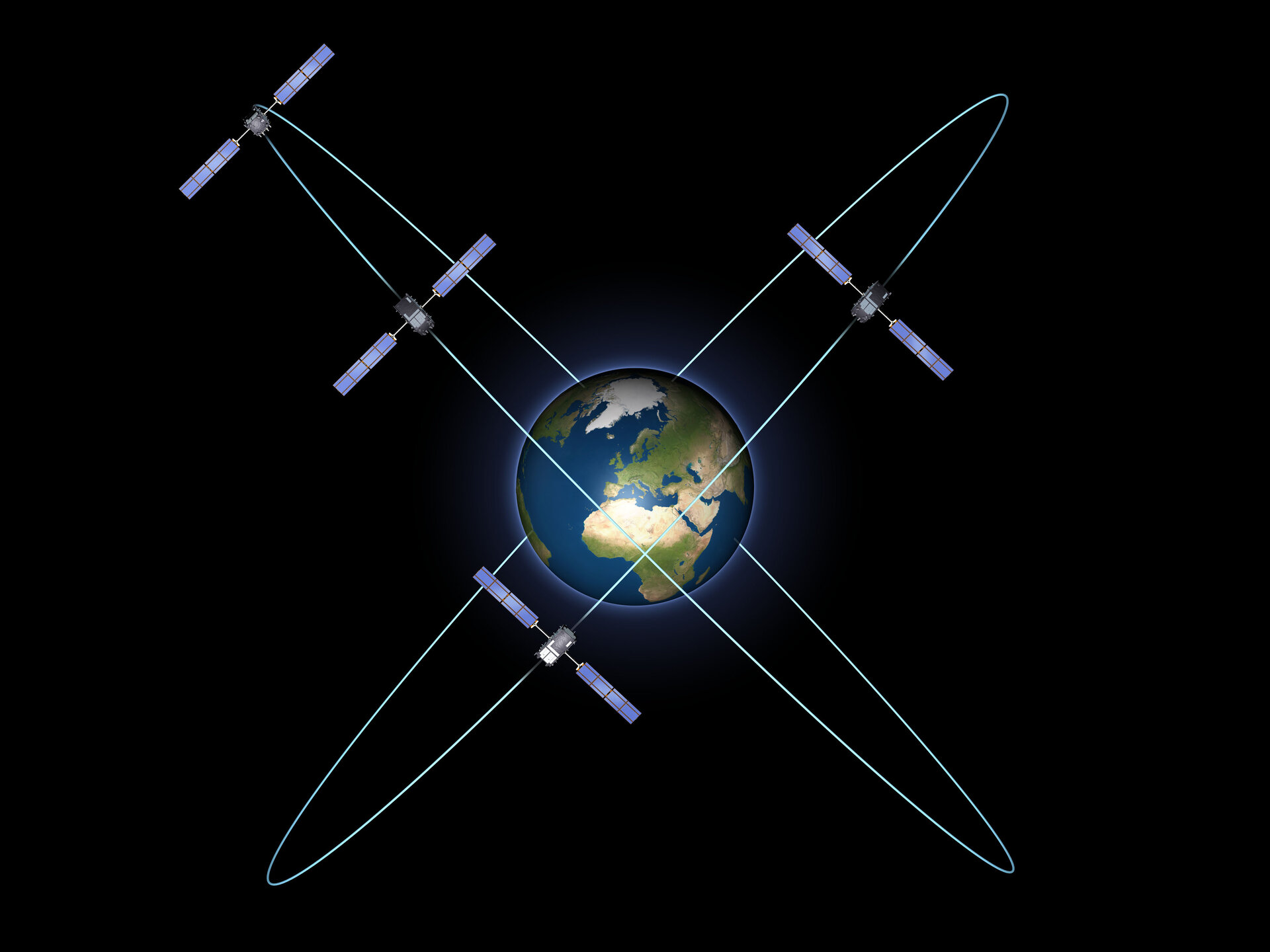 Sestava čtyř družic Galileo ve vesmíru