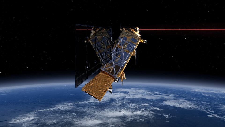Die großen Datenmengen werden mitels Laserstrahl über einen EDRS-Relaissatelliten zur Erde übertragen