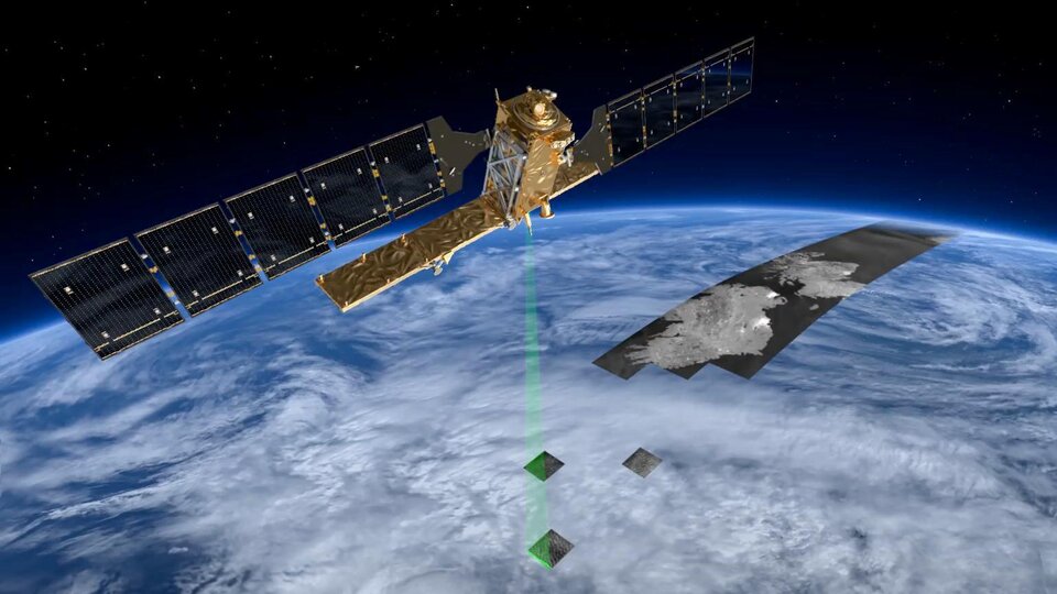 Copernicus Sentinel-1 scanning Earth with a Synthetic Aperture Radar (SAR) instrument.