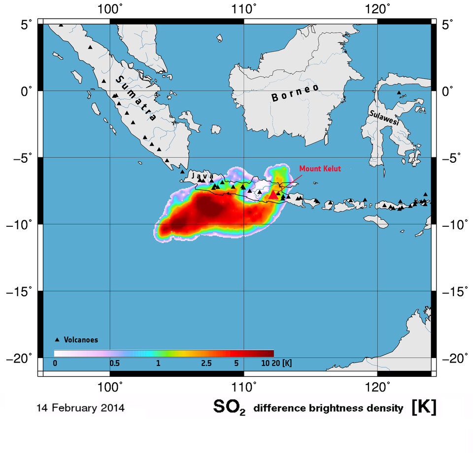 Schwefeldioxid-Wolke über Java (Indonesien), ausgespien vom Vulkan Kelut im Februar 2014.