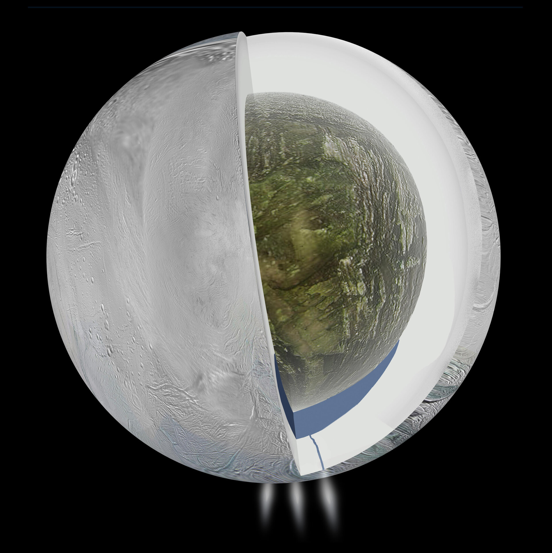 Enceladus, the icy moon of Saturn, hides an ocean beneath its surface