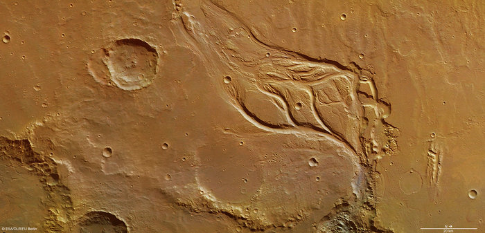 The central portion of Osuga Valles, which has a total length of 164 km. In some places, it is 20 km wide and plunges to a depth of 900 m. It is located approximately 170 km south of Eos Chaos, which is located at the periphery in the far eastern portion of the vast Valles Marineris canyon system.  Catastrophic flooding is thought to have created the heavily eroded Osuga Valles, which displays streamlined islands and a grooved floor carved by fast-flowing water. The water flowed in a northeasterly direction (towards the bottom right in this image) and eventually drained into another region of chaotic terrain, just seen at the bottom of the image.