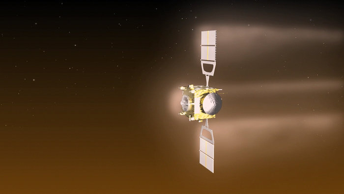 Visualisation of Venus Express during the aerobraking manoeuvre, which will see the spacecraft orbiting Venus at an altitude of around 130 km from 18 June to 11 July. In the month before, the altitude will gradually be reduced from around 200 km to 130 km. If the spacecraft survives and fuel permits, the elevation of the orbit will be raised back up to approximately 450 km, allowing operations to continue for a further few months. Eventually, however, the spacecraft will plunge back into the atmosphere and the mission will end.