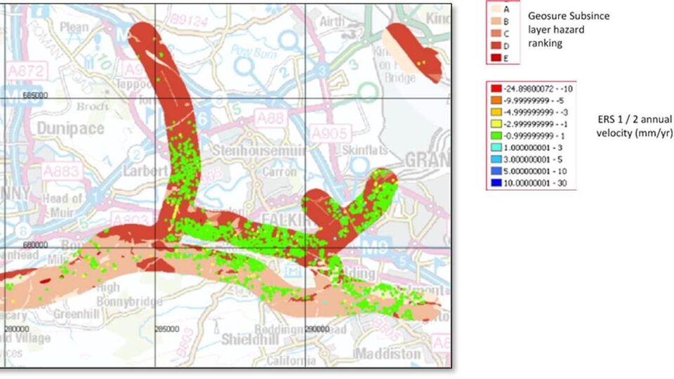 Dane o ruchu gleby naniesione na mapę rejonu Falkirk w Szkocji