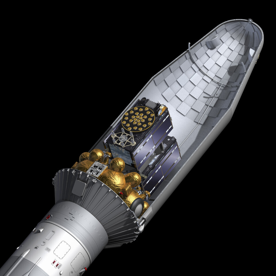 Kresba družic Galileo pod aerodynamickým krytem rakety Sojuz