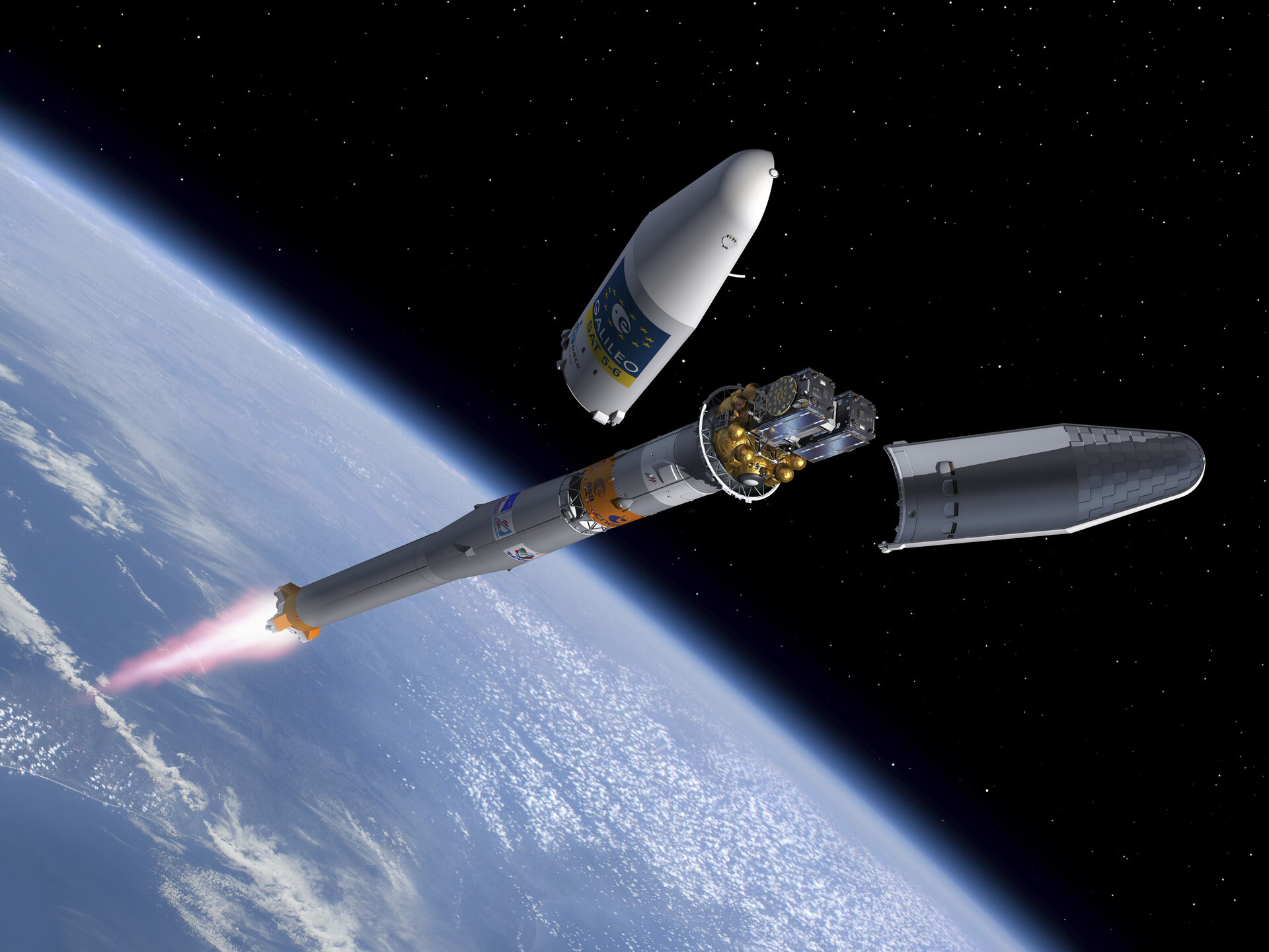Künstlerische Darstellung einer Sojus-Rakete mit zwei Galileo-Satelliten an Bord 