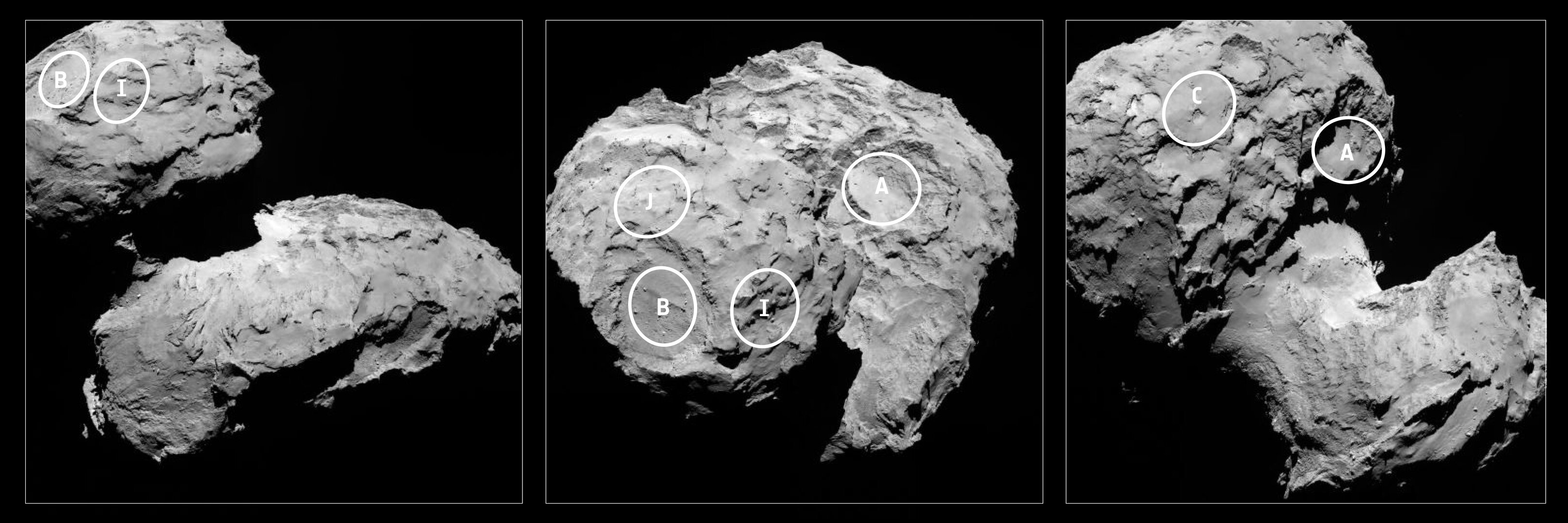 Cinq sites potentiels pour l'atterrissage de Philae