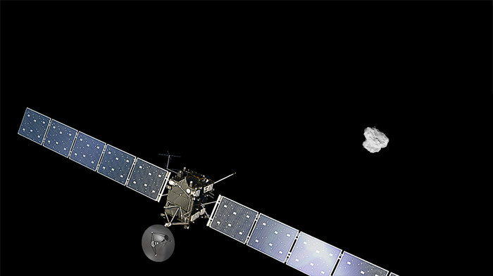 composição de imagens mostrando a sonda Rosetta em órbita do cometa 67P/Churyumov–Gerasimenko