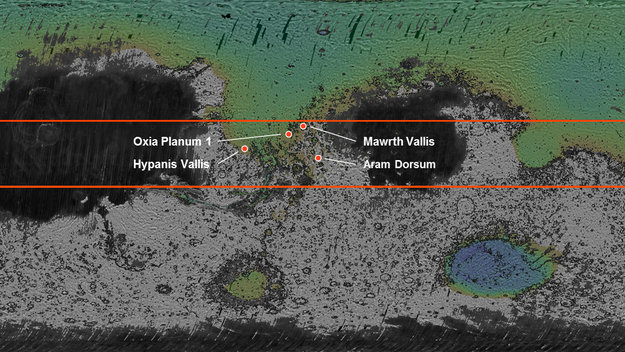Four possible landing sites are being considered for the ExoMars 2018 mission. The sites – Mawrth Vallis, Oxia Planum, Hypanis Vallis and Aram Dorsum – are indicated in this context map. All four are close to the equator.