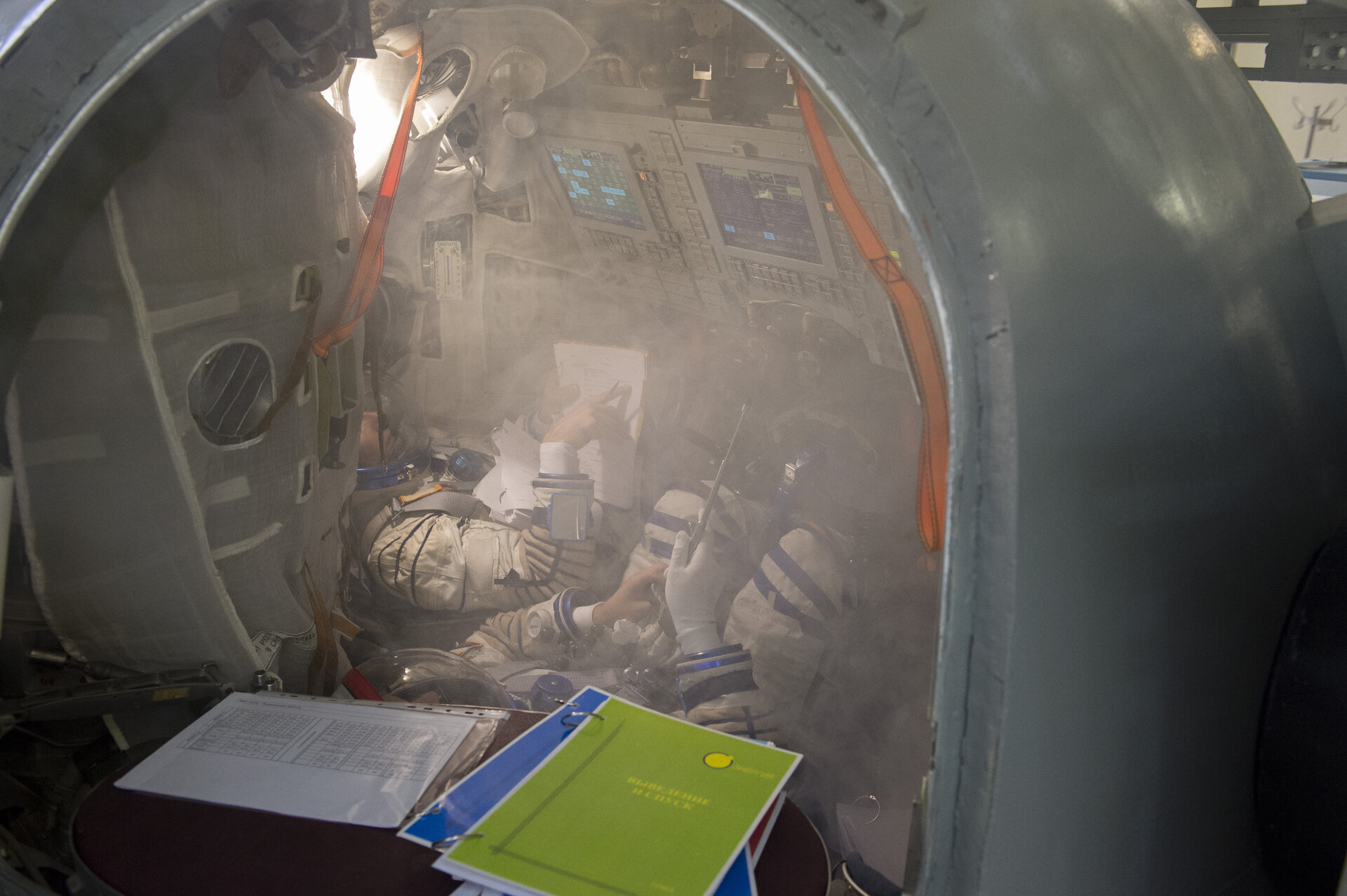 Thomas during training in the Soyuz TMA simulator