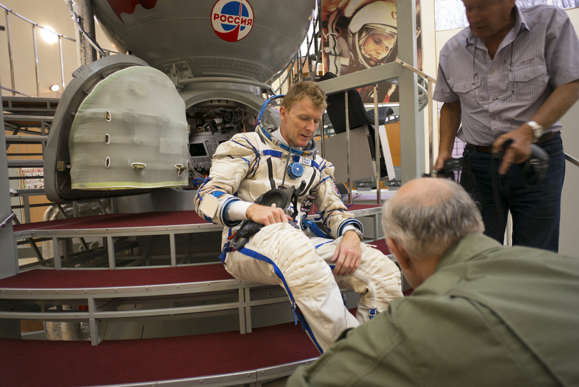 Timothy during the preparation for the simulation inside the Soyuz capsule