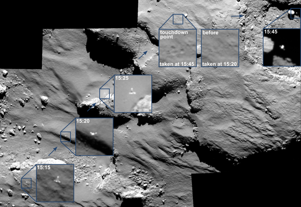 Philae beim Flug über die Kometenoberfläche