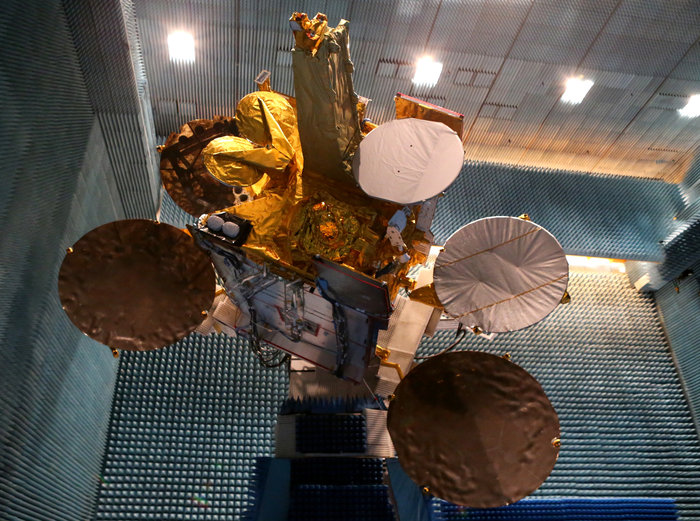 The Eutelsat-9B satellite with its EDRS-A payload is shown in the anechoic test chamber of Airbus Defence and Space in Toulouse, France.