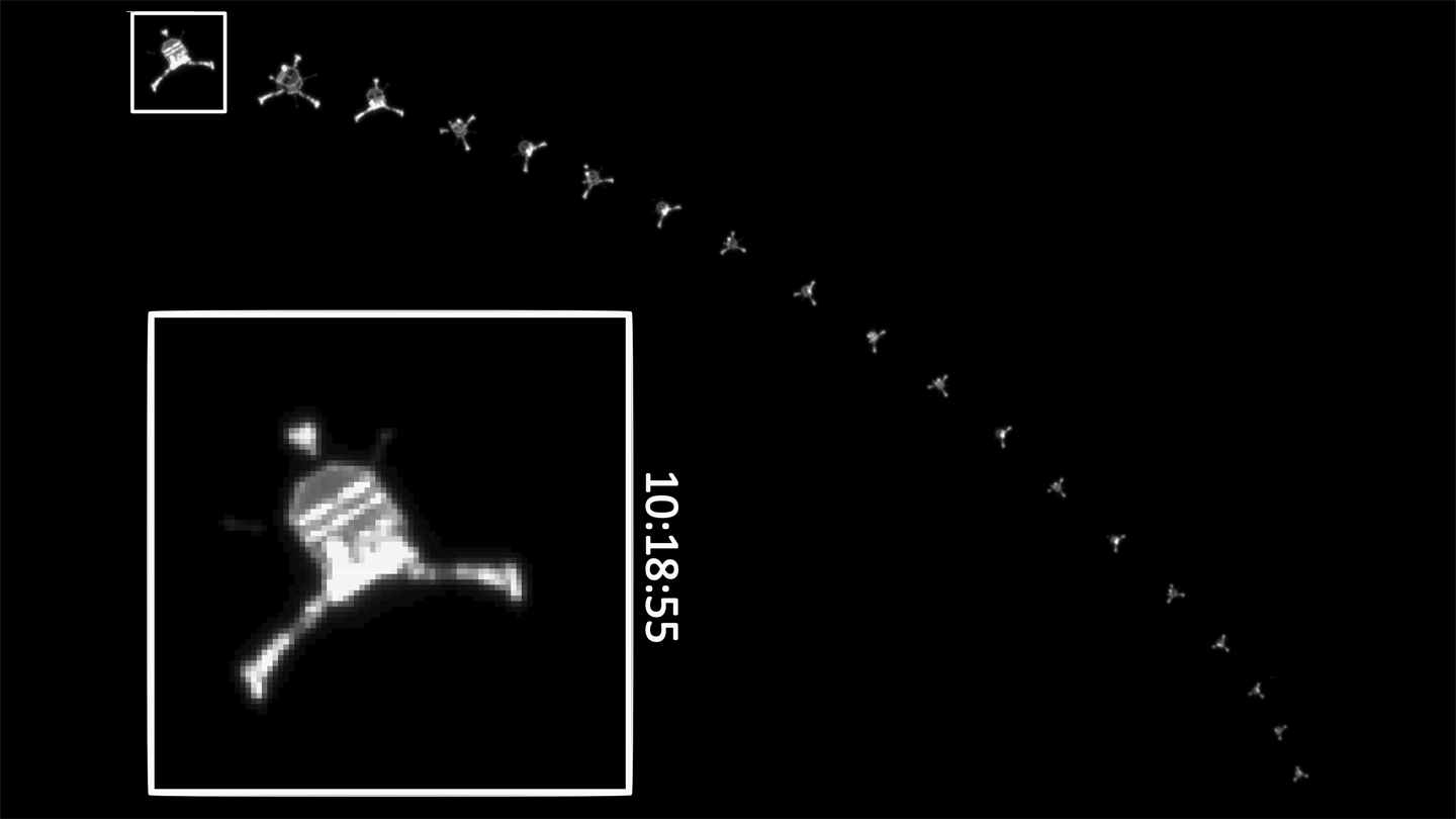 Diese Serie aus 19 Bildern der OSIRIS-Kamera zeigt Lander Philae bei seinem Absinken in Richtung Churyumov-Gerasimenko. Aufgenommen wurden die Bilder am 12. November 2014.