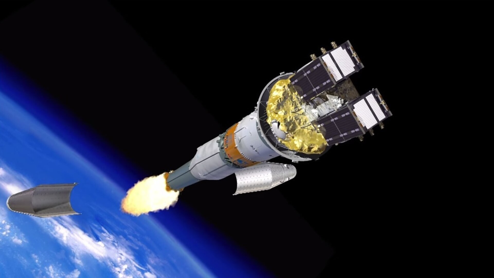 Zwei Galileo-Satelliten an Bord einer Sojus nach dem Abwurf der Bugverkleidung 