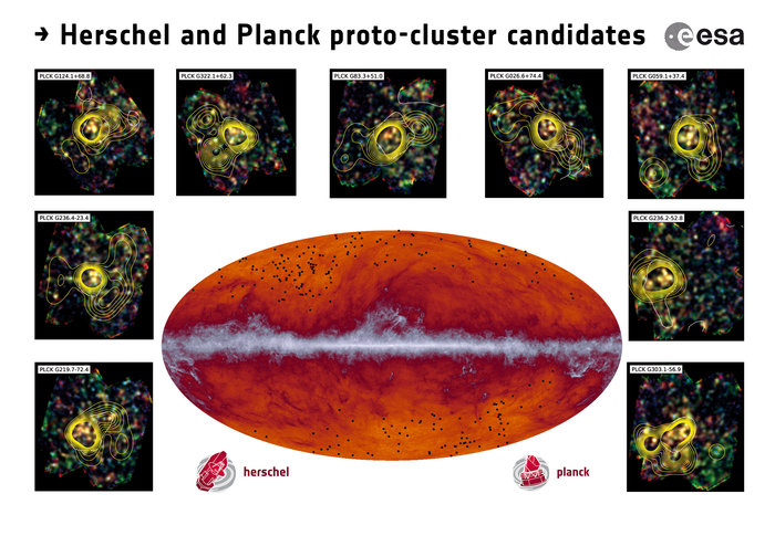 The Planck all-sky map at submillimetre wavelengths (545 GHz). The band running through the middle corresponds to dust in our Milky Way galaxy. The black dots indicate the location of the proto-cluster candidates identified by Planck and subsequently observed by Herschel. The inset images showcase some of the observations made by Herschel’s SPIRE instrument; the contours represent the density of galaxies.