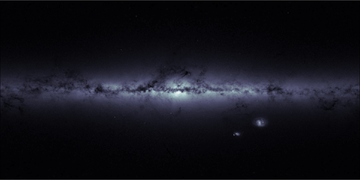 The outline of our Galaxy, the Milky Way, and of its neighbouring Magellanic Clouds, in an image based on housekeeping data from ESA’s Gaia satellite, indicating the total number of stars detected every second in each of the satellite's fields of view.