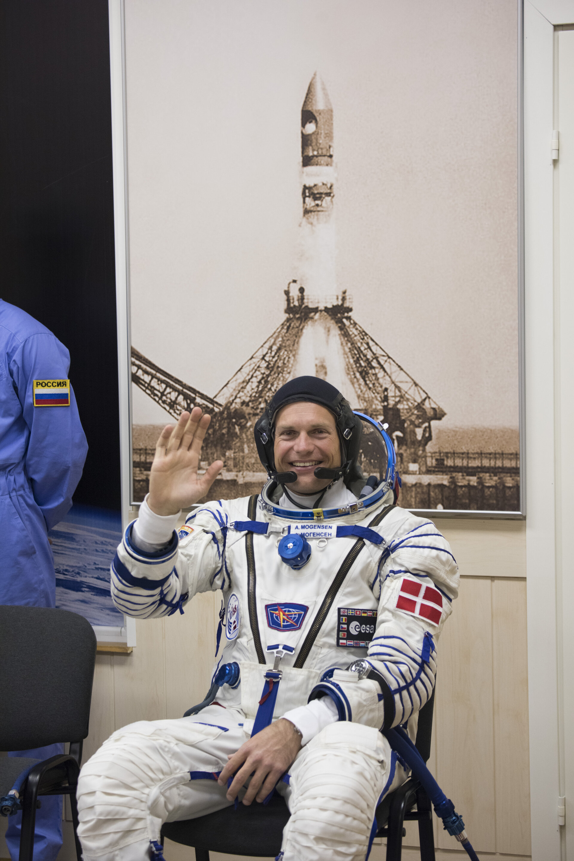 Andreas Mogensen dressed in his Russian Sokol suit