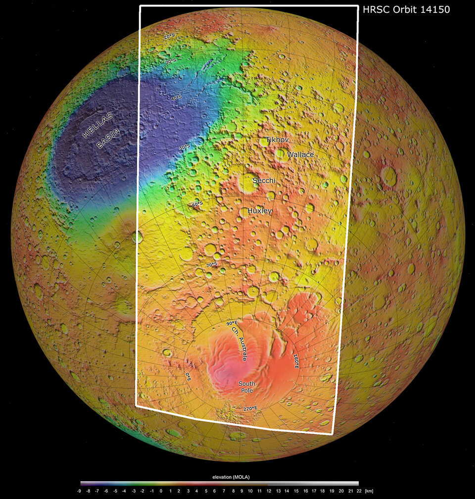 El polo sur de Marte y su entorno, vista topográfica