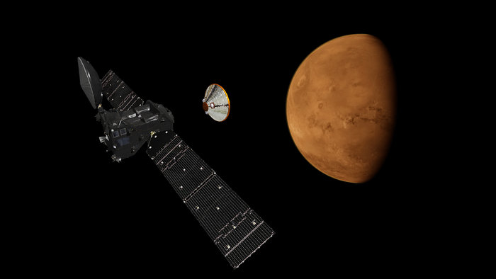 Artist’s impression depicting the separation of the ExoMars 2016 entry, descent and landing demonstrator module, named Schiaparelli, from the Trace Gas Orbiter, and heading for Mars.