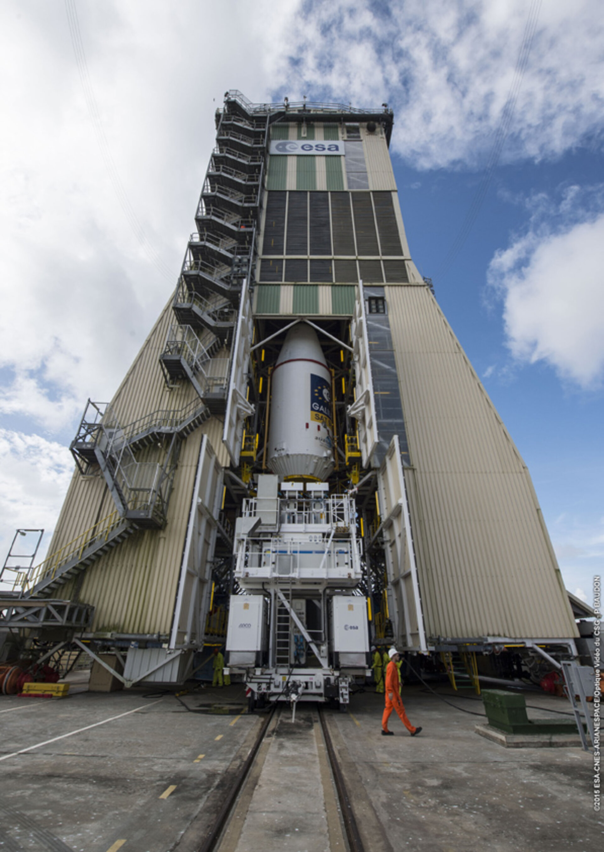 Upper composite lifted inside launch tower