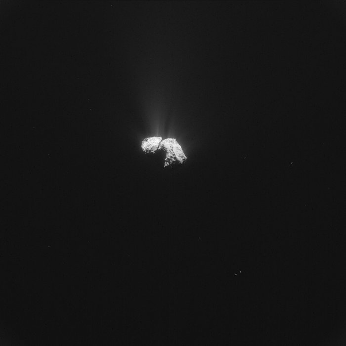 This single frame Rosetta navigation camera image of Comet 67P/Churyumov-Gerasimenko was taken on 18 October 2015 from a distance of 433 km from the comet centre. The image has a resolution of 36.9 m/pixel and measures 37.8 km across.