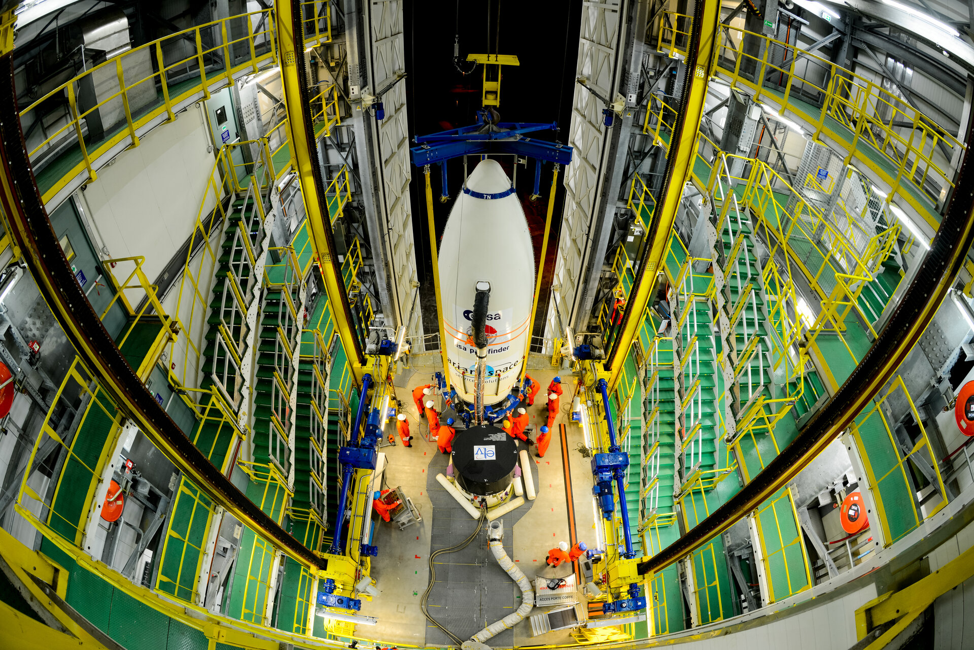 Vega VV06 upper composite being hoisted up to the top of the mobile gantry