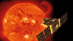 Artist’s impression of the ESA/NASA Solar and Heliospheric Observatory, SOHO, with the Sun as seen by the satellite’s extreme-ultraviolet imaging telescope on 14 September 1999.