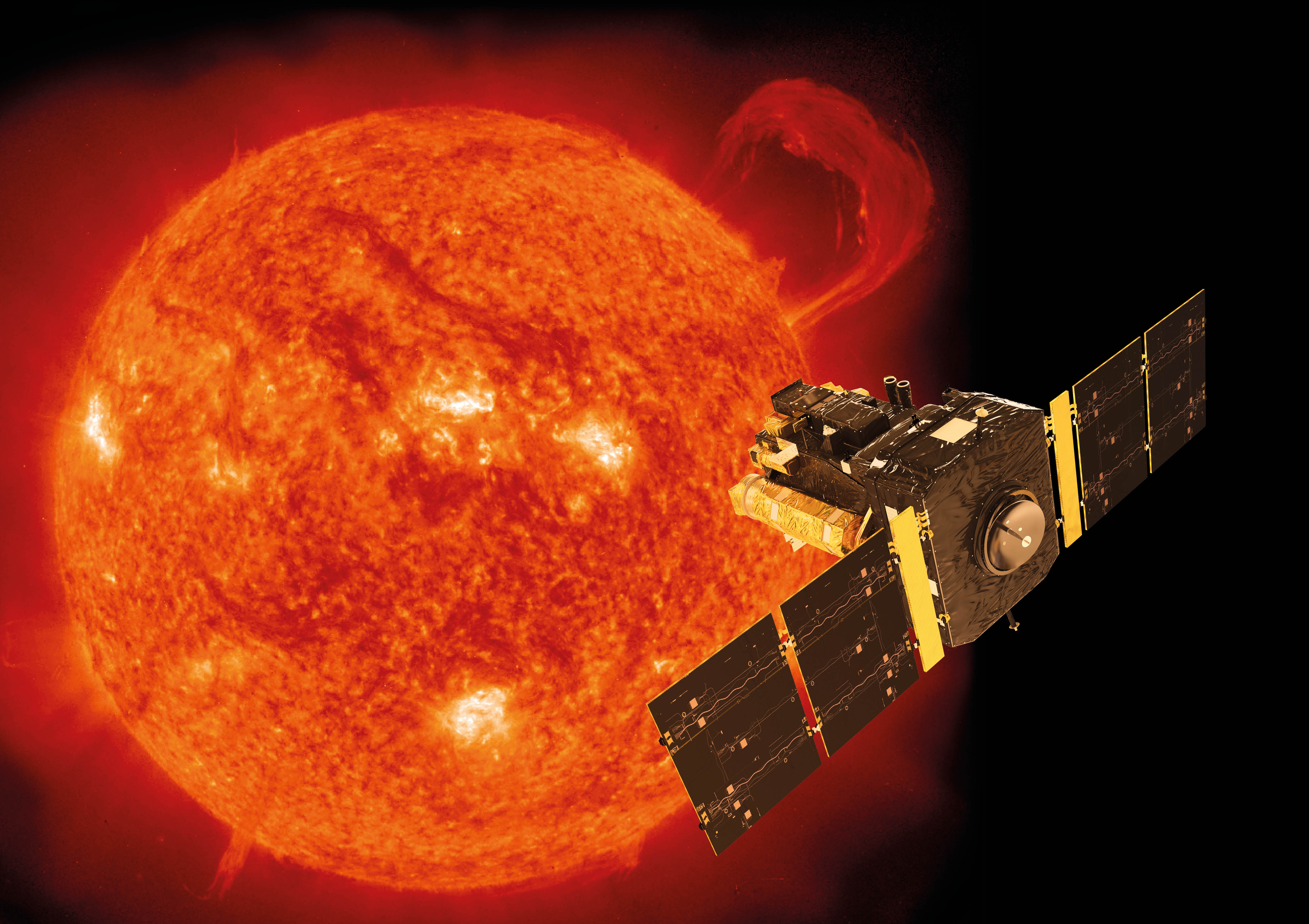 Artist’s impression of the ESA–NASA Solar and Heliospheric Observatory, SOHO, with the Sun as seen by the satellite’s extreme-ultraviolet imaging telescope on 14 September 1999