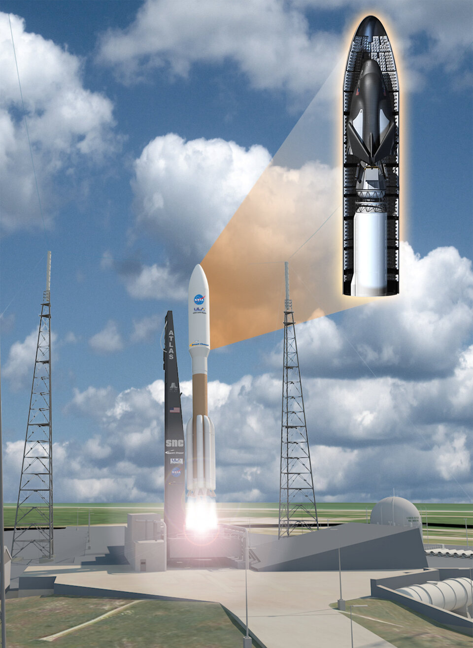 Een Dream Chaser met opgevouwen vleugels in de neuskegel van een Atlas V-raket